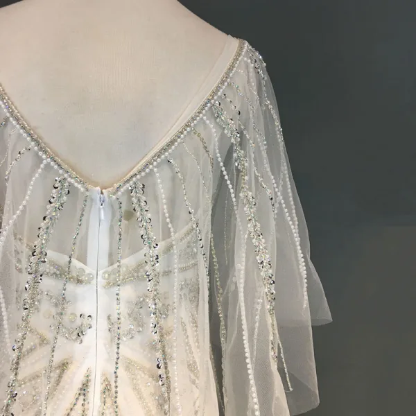 Luxe Ivoire Robe De Soirée 2018 Trompette / Sirène Perlage Perle Faux Diamant Paillettes Encolure Dégagée Dos Nu 3/4 Manches Train De Balayage Robe De Ceremonie