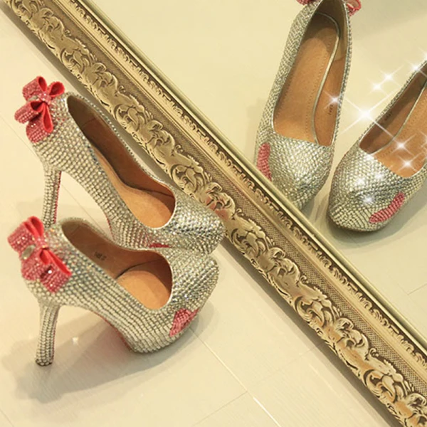 Charmant Argenté Faux Diamant Chaussure De Mariée 2020 Noeud Cuir Imperméables 14 cm Talons Aiguilles À Bout Rond Mariage Escarpins