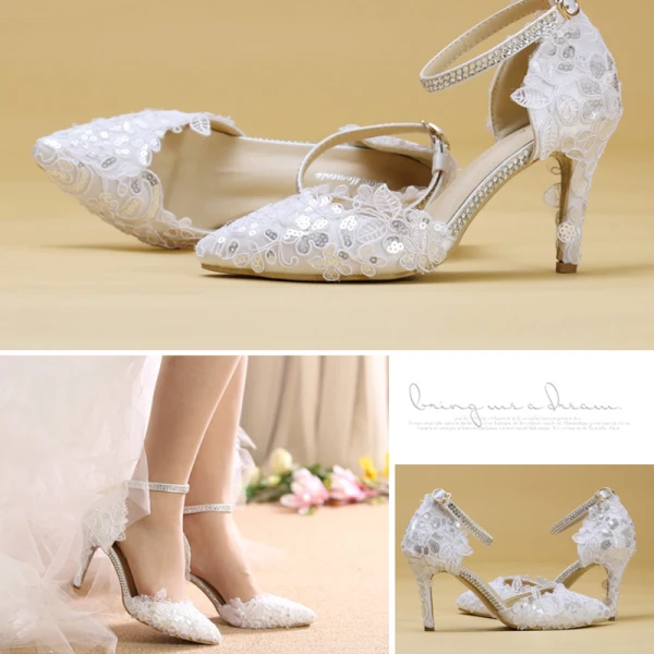 Sexy Ivoire En Dentelle Fleur Chaussure De Mariée 2020 Faux Diamant Bride Cheville Paillettes 8 cm Talons Aiguilles À Bout Pointu Mariage Talons