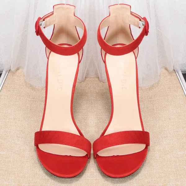 Schlicht Rot Abend Wildleder Sandalen Damen 2020 Knöchelriemen 10 cm Stilettos Peeptoes Sandaletten