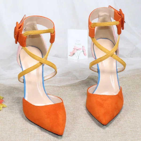 Mooie / Prachtige Oranje Straatkleding Suede Sandalen Dames 2020 X-Strap 10 cm Naaldhakken / Stiletto Spitse Neus Sandalen