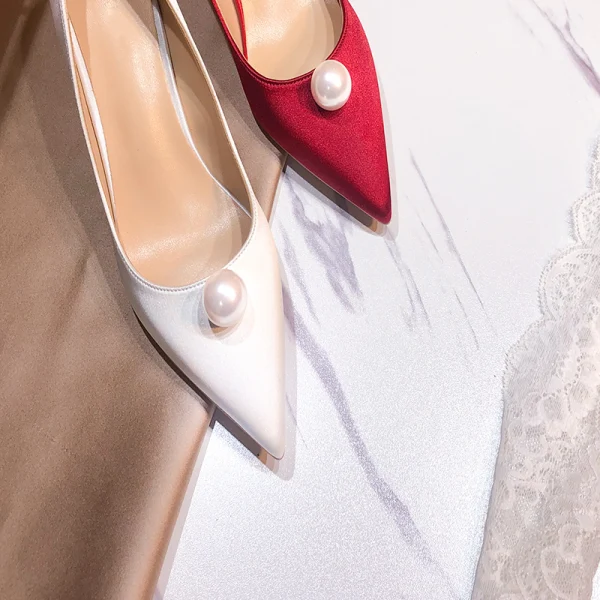 Chic / Beautiful Ivory Satin Wedding Shoes 2020 Pearl 8 cm Stiletto Heels Pointed Toe Wedding Pumps