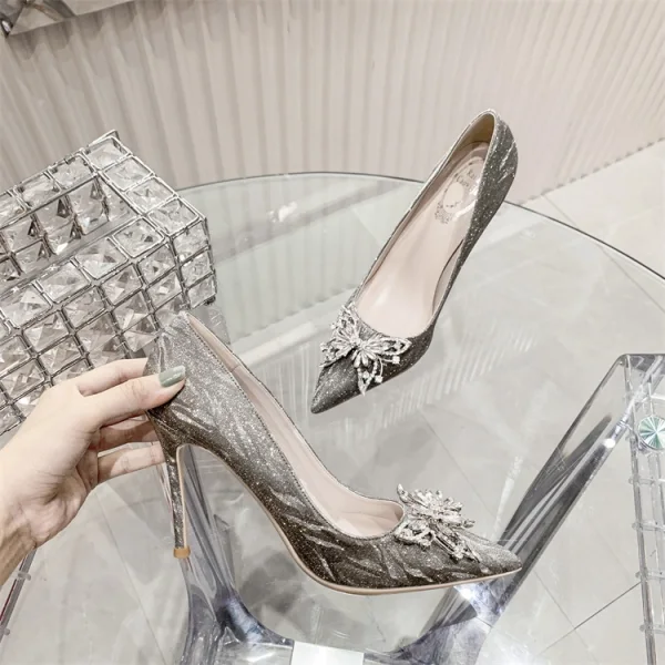 Uroczy Szary Cekinami Cekiny Rhinestone Motyl Buty Ślubne 2021 10 cm Szpilki Szpiczaste Ślub Czółenka