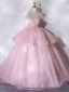 Elegant Candy Pink Prom Dresses 2021 Ball Gown Off-The-Shoulder Beading Pearl Rhinestone Lace Flower Sleeveless Backless Floor-Length / Long Prom Formal Dresses