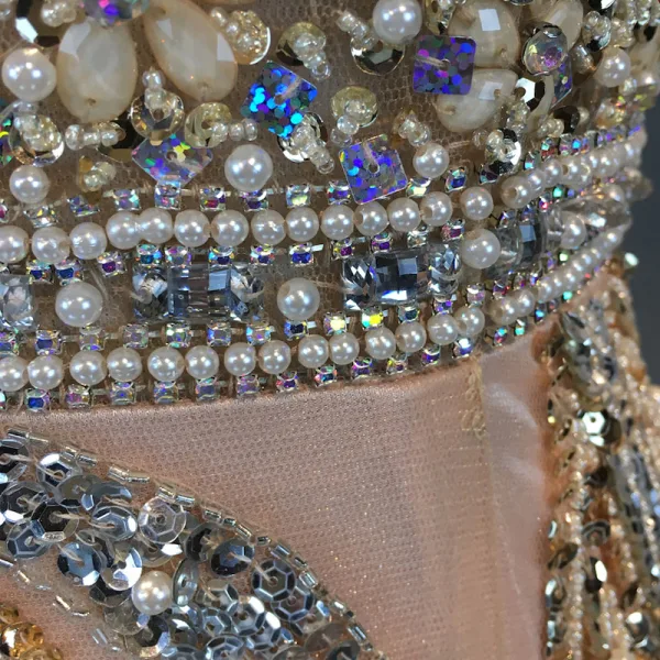 Luxury / Gorgeous Champagne Evening Dresses 2018 Trumpet / Mermaid Beading Crystal Pearl Rhinestone Sequins Scoop Neck Long Sleeve Sweep Train Formal Dresses