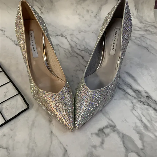 Scintillantes Argenté Soirée Faux Diamant Escarpins 2021 9 cm Talons Aiguilles À Bout Pointu Escarpins