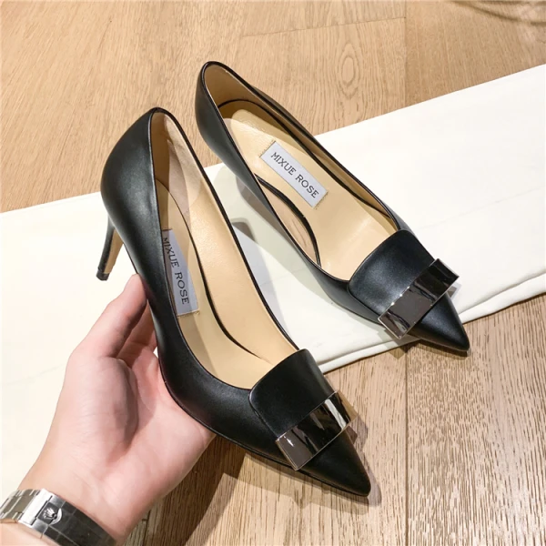 Chic / Beautiful OL Office Black Pumps 2021 Buckle 7 cm Stiletto Heels High Heels Pointed Toe Pumps