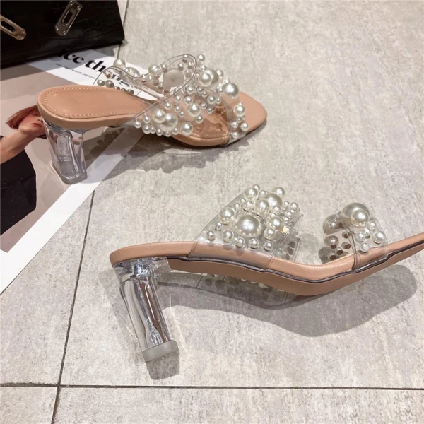 Chic / Beautiful Yellow Street Wear Pearl Womens Sandals 2021 7 cm Crystal Thick Heels Open / Peep Toe Sandals High Heels