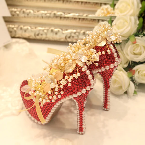 Sparkly Fashion Red Pearl Rhinestone Wedding Shoes 2021 Leather 14 cm Stiletto Heels Pointed Toe Wedding Pumps High Heels