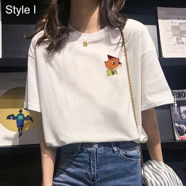 Désinvolte Vêtement de rue Blanche Dessin animé Impression Ample T-Shirts 2021 Coton Encolure Dégagée Manches Courtes Hauts pour Femmes T-shirt