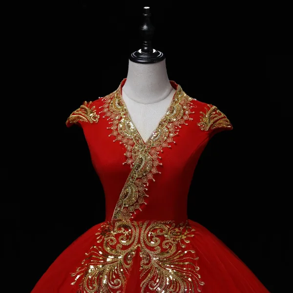 Élégant Rouge Robe De Bal 2022 Robe Boule V-Cou Perlage Perle Paillettes Mancherons Dos Nu Longue Robe De Ceremonie