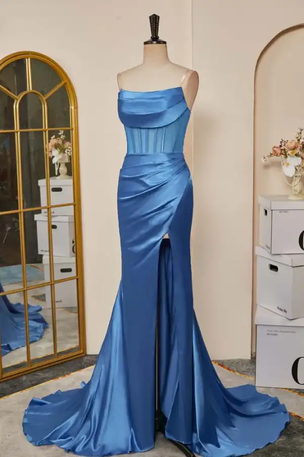 Glamourös Meerjungfrau Meeresblau Gespaltete Front Ballkleider 2024 Rüschen Satin Spaghettiträger Ärmellos Reißverschluss Festliche Kleider Sweep / Pinsel Zug
