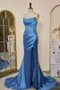 Glamorous Trumpet / Mermaid Ocean Blue Split Front Prom Dresses 2024 Ruffle Satin Spaghetti Straps Sleeveless Zipper Up Formal Dresses Sweep Train