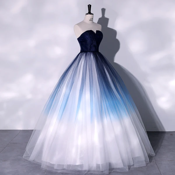 Elegant Gradient-Color Ocean Blue Prom Dresses 2022 Ball Gown Strapless Sleeveless Long