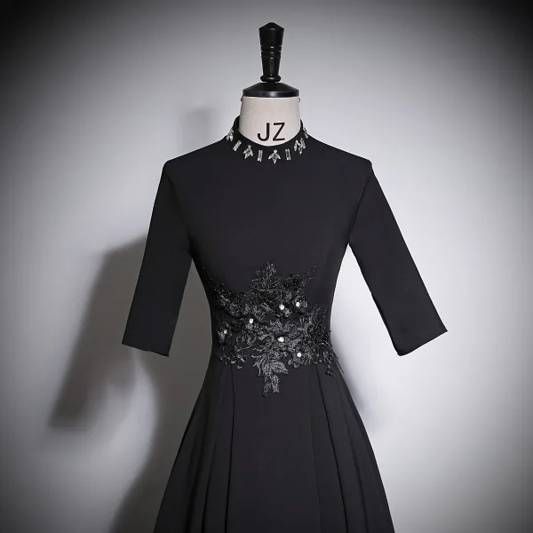 Vintage / Retro Black Rhinestone Lace Flower Prom Dresses 2023 A-Line / Princess High Neck 1/2 Sleeves Floor-Length / Long Prom Formal Dresses