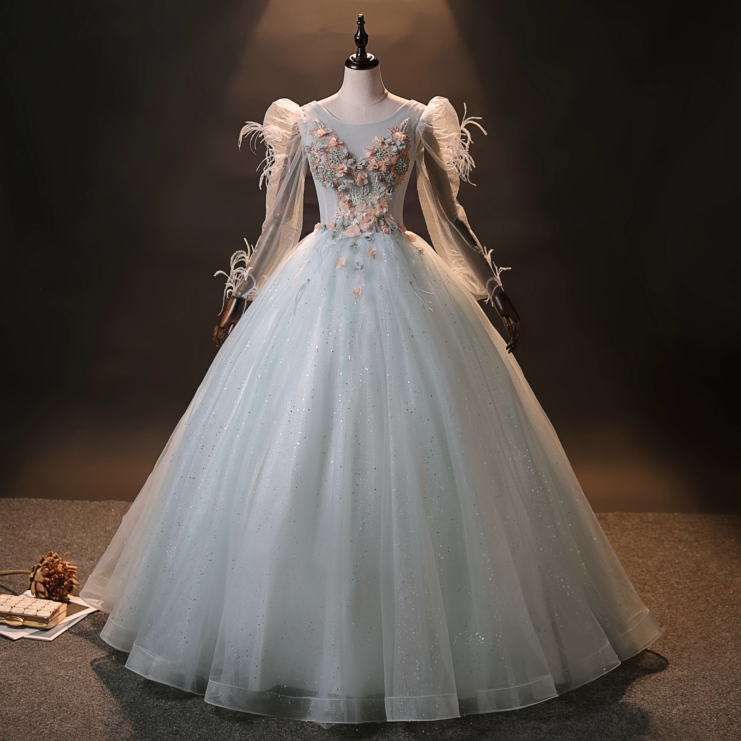 navy blue dress for baby girl Inspired Ice Blue Sequin Gown for Women - 2022 Glitter Formal Dress with Shining Long Skirt, Floral Embellishments, and Lace-Up Details main image 0