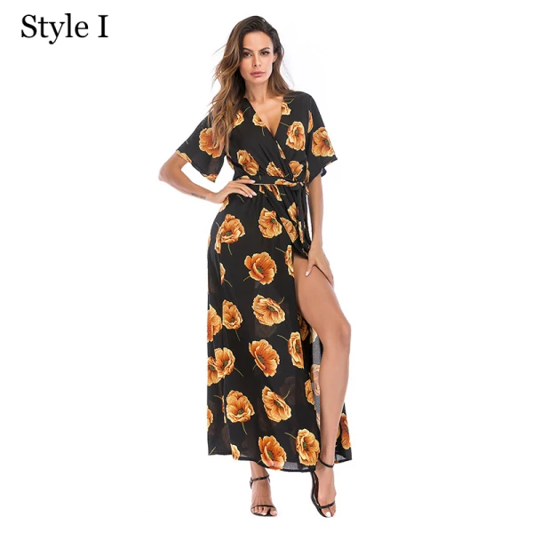 Summer Black Street Wear Beach Floral Maxi Dresses 2021 V-Neck Short Sleeve Women Dresses