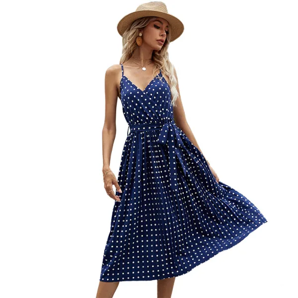 Chic / Beautiful Summer Street Wear Ocean Blue Spotted Maxi Dresses 2021 V-Neck Sleeveless Cami Sash