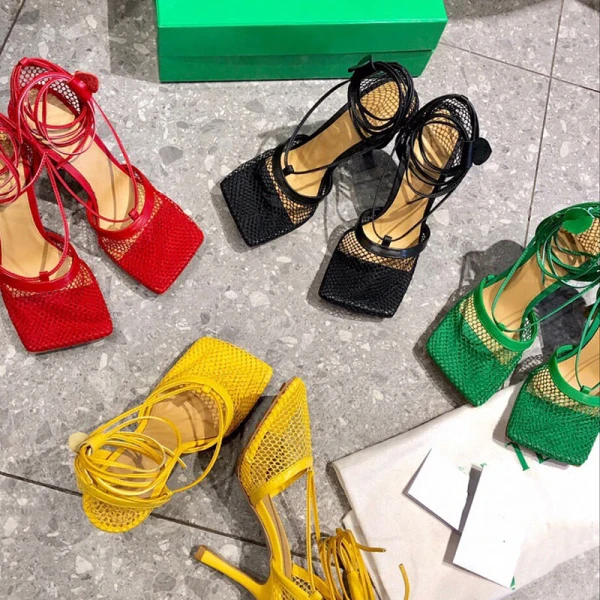Fashion Summer Green Street Wear Womens Sandals 2021 Pierced Ankle Strap Square Toe 8 cm Stiletto Heels Sandals High Heels