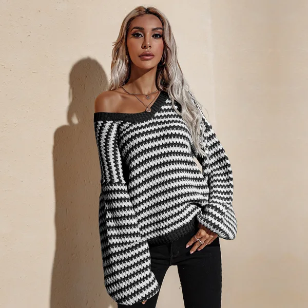 Mode Vert Tricot Rayé Vêtement de rue Ample Chandails 2021 Coton V-Cou Manches Longues Hauts