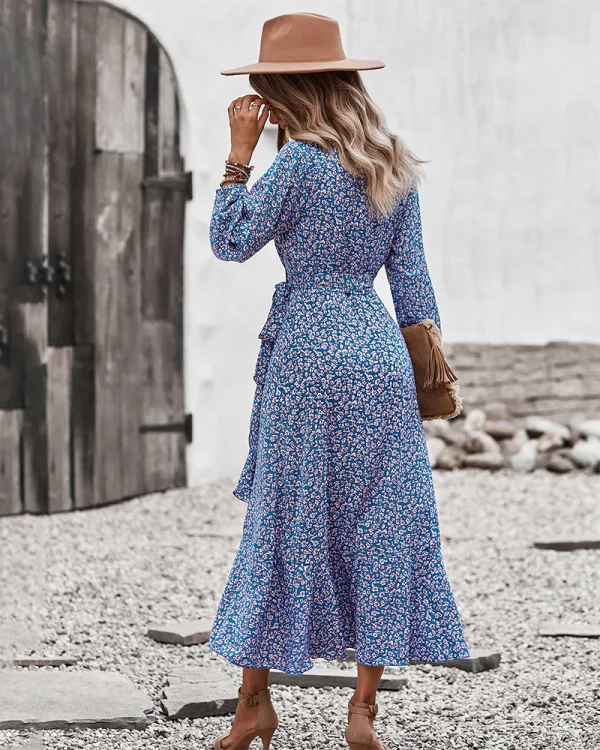 Bohemia Summer Beach Resort Wear Yellow Floral Maxi Dresses 2021 V-Neck Sash Bow Long Sleeve Tea-length