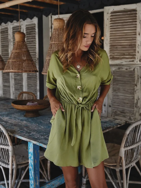 Summer Spring Casual Yellow Shorts Jumpsuit 2021 V-Neck Buttons Sash 1/2 Sleeves Loose