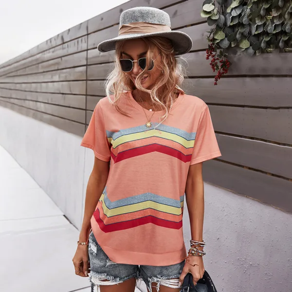 Fashion Spring Summer Candy Pink Street Wear Multi-Colors Striped T-Shirts 2021 Cotton Scoop Neck Loose Short Sleeve Women Tops