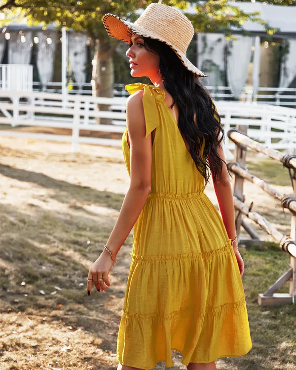 Sexy Orange Spring Summer Street Wear Ruffle Women Dresses 2021 V-Neck Sleeveless Buttons Bow Loose