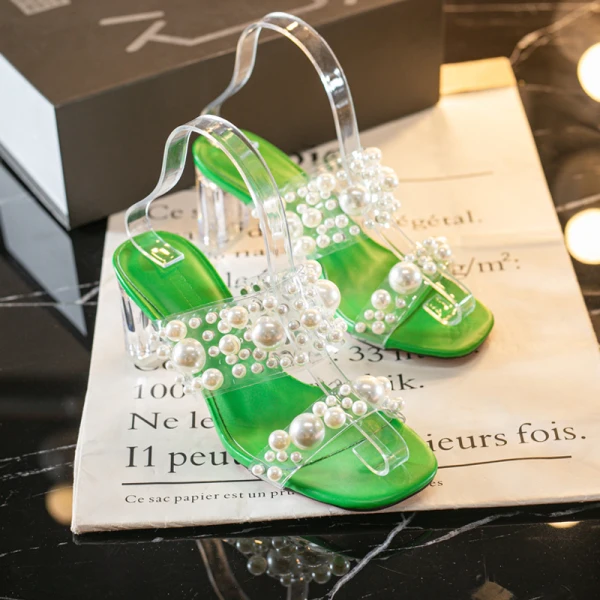 Sexy Yellow Street Wear Pearl Womens Sandals 2021 6 cm Crystal Thick Heels Open / Peep Toe Sandals High Heels