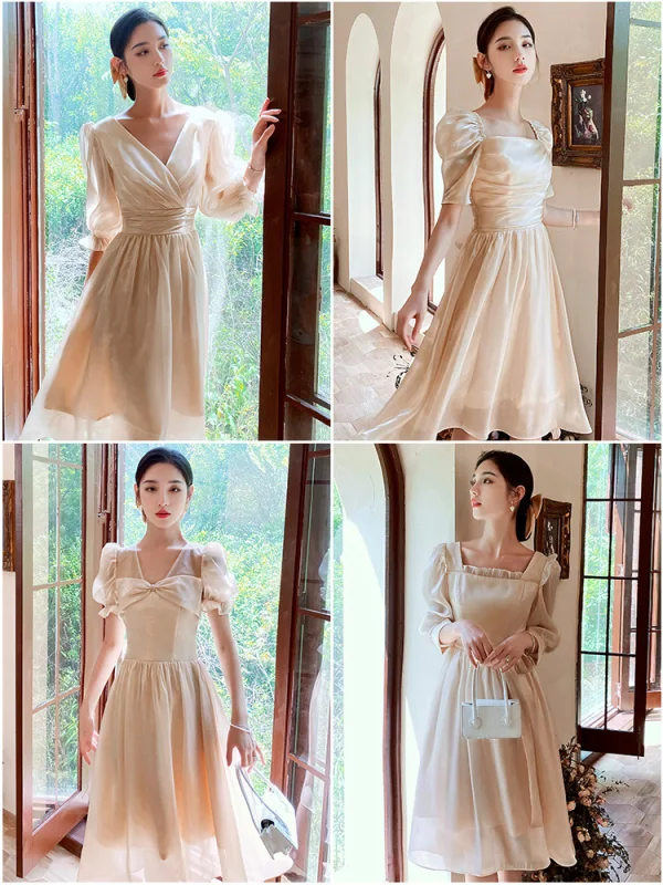 Simple Champagne Noeud Robe Demoiselle D'honneur 2021 Princesse Manches Courtes Thé Longueur Demoiselle D'honneur Robe Pour Mariage