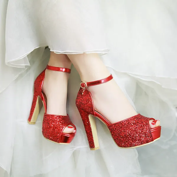 Sexy Silber Abend Pailletten Sandalen Damen 2021 Knöchelriemen 12 cm Thick Heels Peeptoes Sandaletten Hochhackige