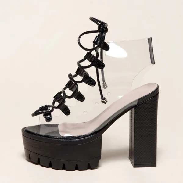 Fashion Transparent Black Street Wear Womens Sandals 2021 13 cm Thick Heels Open / Peep Toe Sandals High Heels