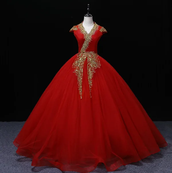 Élégant Rouge Robe De Bal 2022 Robe Boule V-Cou Perlage Perle Paillettes Mancherons Dos Nu Longue Robe De Ceremonie
