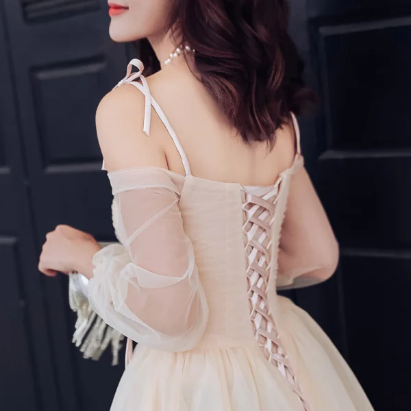Charming Champagne Summer Prom Dresses 2018 Empire Spaghetti Straps Off-The-Shoulder Long Sleeve Chapel Train Ruffle Backless Formal Dresses