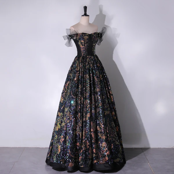 Bling Bling Multi-Colors Sequins Black Prom Dresses 2024 A-Line / Princess Off-The-Shoulder Sleeveless Backless Floor-Length / Long Prom Formal Dresses