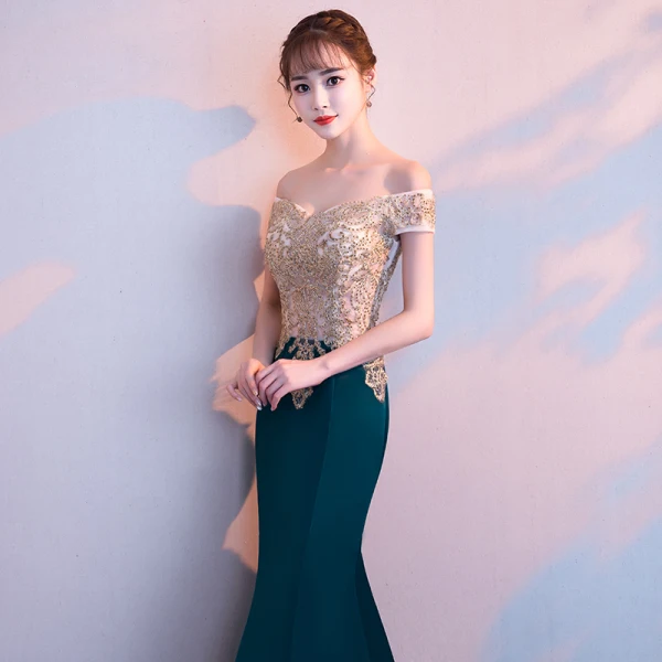 Elegant Dark Green Evening Dresses  2018 Trumpet / Mermaid Lace Beading Off-The-Shoulder Backless Short Sleeve Floor-Length / Long Formal Dresses