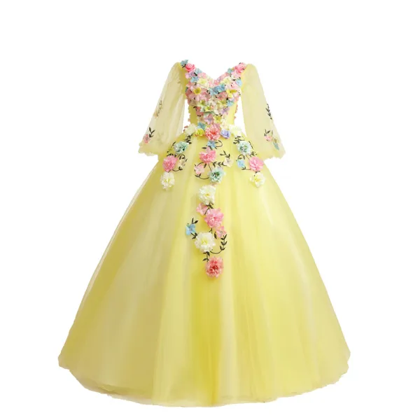 Affordable Flower Fairy Yellow Prom Dresses 2018 Ball Gown Appliques V-Neck Backless 3/4 Sleeve Floor-Length / Long Formal Dresses