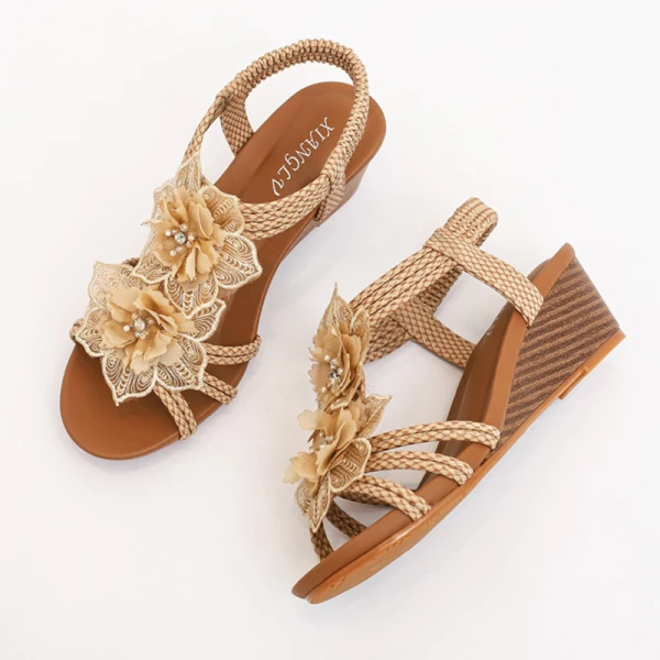 Roman Beige Lace Flower Beach Womens Sandals 2021 5 cm Wedges Open / Peep Toe Sandals High Heels