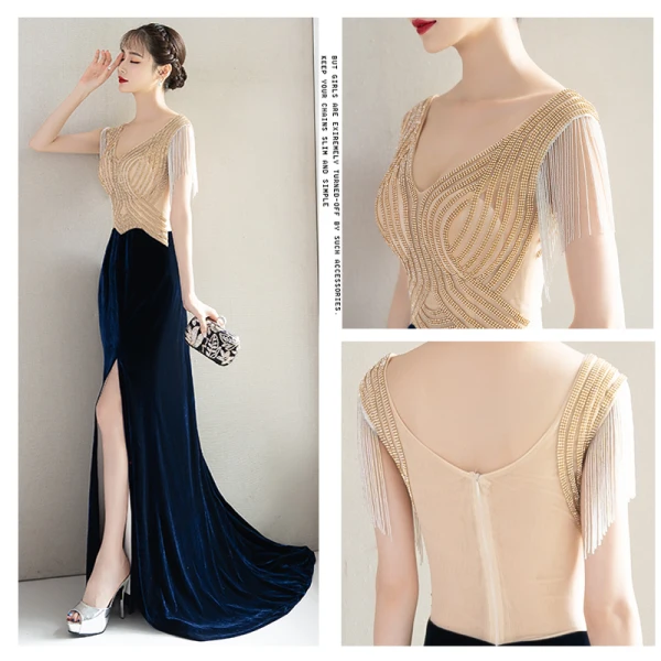 Élégant Bleu Marine Robe De Soirée 2019 Trompette / Sirène Perlage Gland Faux Diamant V-Cou Dos Nu Sans Manches Train De Balayage Robe De Ceremonie