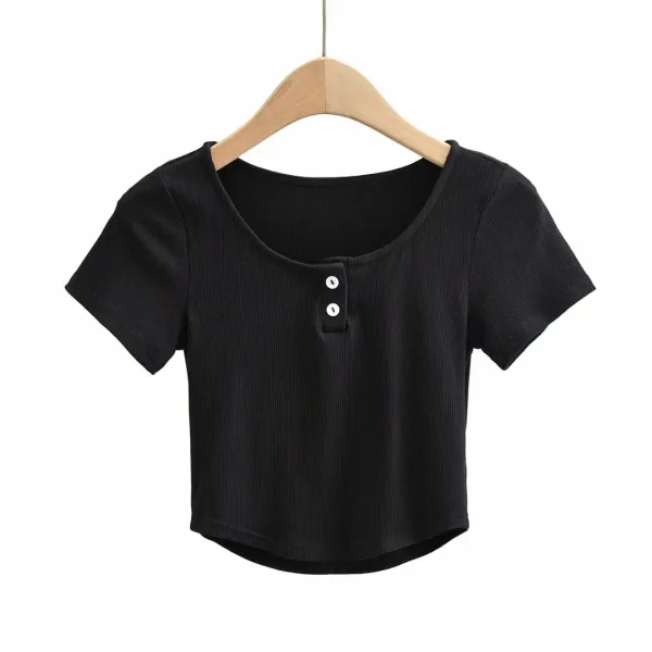 Sexy Blushing Pink Summer Street Wear Tight Buttons T-Shirts 2021 Scoop Neck Short Sleeve Women's Tops