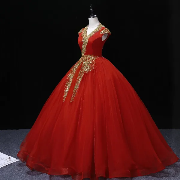 Élégant Rouge Robe De Bal 2022 Robe Boule V-Cou Perlage Perle Paillettes Mancherons Dos Nu Longue Robe De Ceremonie
