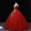 Élégant Rouge Robe De Bal 2022 Robe Boule V-Cou Perlage Perle Paillettes Mancherons Dos Nu Longue Robe De Ceremonie