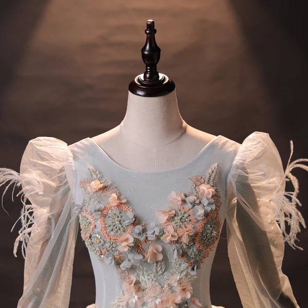 Style Audrey Hepburn Plumes Hiver Manches Longues Robe De Bal 2024 Gris Robe Boule Bretelles croisées Robe De Cérémonie