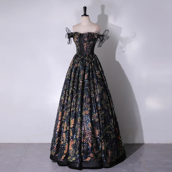 Bling Bling Multi-Colors Sequins Black Prom Dresses 2024 A-Line / Princess Off-The-Shoulder Sleeveless Backless Floor-Length / Long Prom Formal Dresses