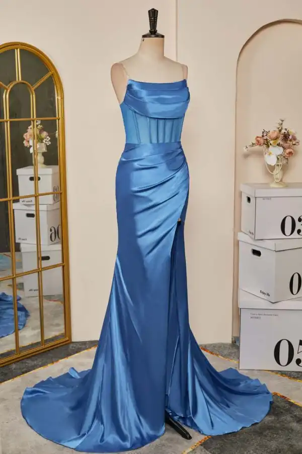 Glamourös Meerjungfrau Meeresblau Gespaltete Front Ballkleider 2024 Rüschen Satin Spaghettiträger Ärmellos Reißverschluss Festliche Kleider Sweep / Pinsel Zug