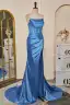 Glamourös Meerjungfrau Meeresblau Gespaltete Front Ballkleider 2024 Rüschen Satin Spaghettiträger Ärmellos Reißverschluss Festliche Kleider Sweep / Pinsel Zug