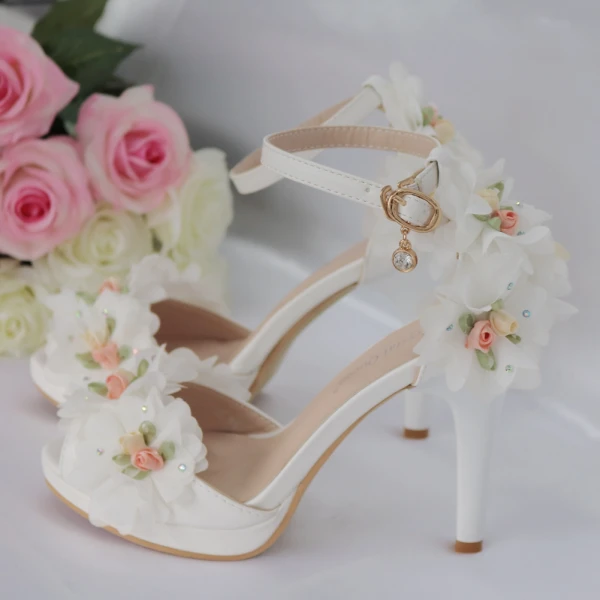 Modern / Fashion White Wedding Shoes 2018 Appliques Rhinestone Ankle Strap 10 cm Stiletto Heels Open / Peep Toe Wedding High Heels