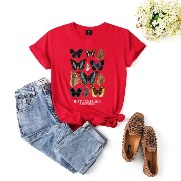 Fashion Street Wear Khaki Summer Loose Butterfly Printing Cotton T-Shirts 2021 Scoop Neck Short Sleeve Women's Tops T-shirt