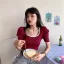 Vintage / Retro Summer Blushing Pink Knitting Tight  T-Shirts 2021 U-Neck Short Sleeve Women's Tops T-shirt
