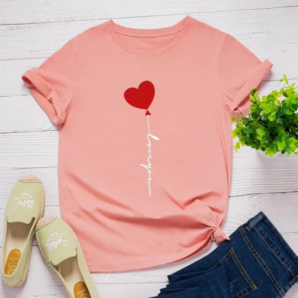 Schön Sommer Schwarz Freizeit Herzförmig Ballon Drucken T-Shirts 2021 Baumwolle Rundhalsausschnitt Kurze Ärmel Lose Damen Oberteile